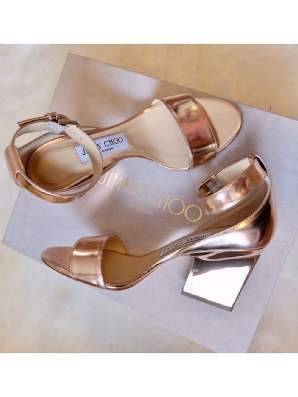 Jimmy Choo Metallic Rose Gold Block Heel Sandals